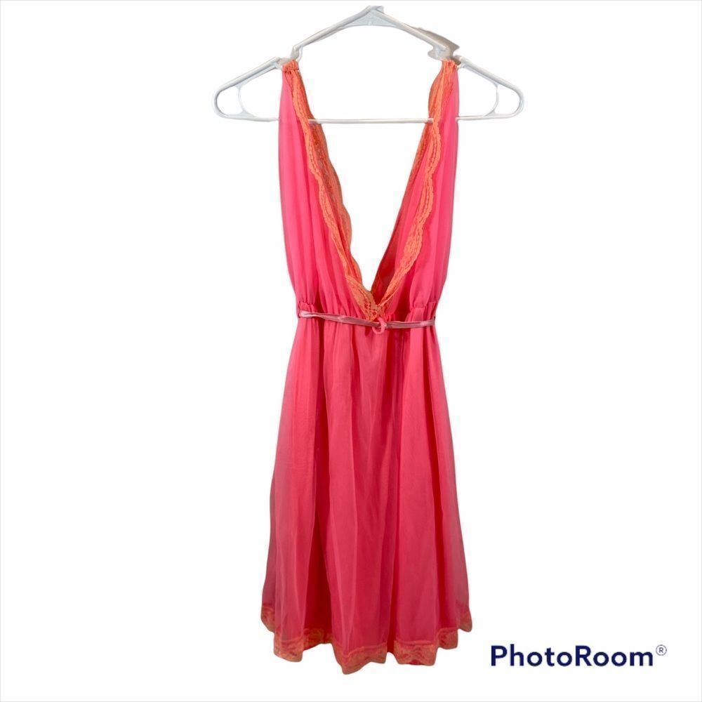 Vintage Hot Pink Lace Trim Layered Chiffon Nightgown Teddy No Size Tag